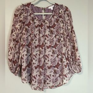 LC Lauren Conrad Red Brown Pleated Blouse with Bib Collar, Size S